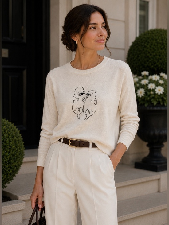 J. Crew Sweaters - J.Crew Otter Sweater Small Merino Wool Blend Novelty Embroidered Knit Cream